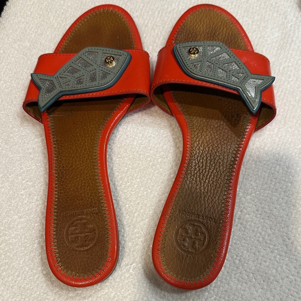 Tory Burch Red Slide Sandals with Gray Fish Accent